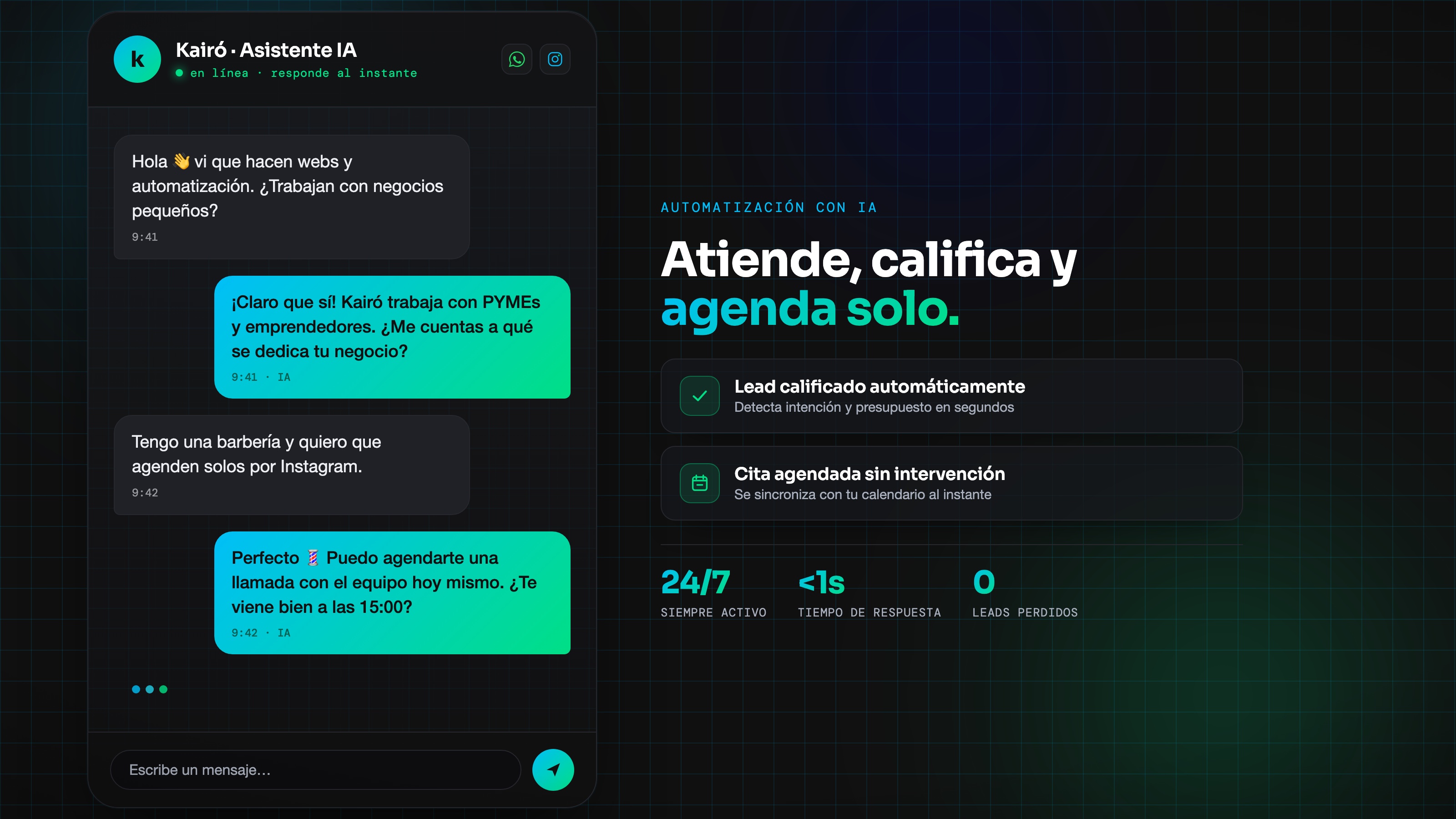 Demo del chatbot con IA de Kairó calificando un lead y agendando una cita por WhatsApp e Instagram